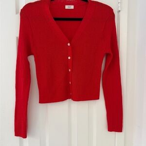 e:um Red Cropped Cardigan Ribbed Knit Button Front Made in Korea, approx S